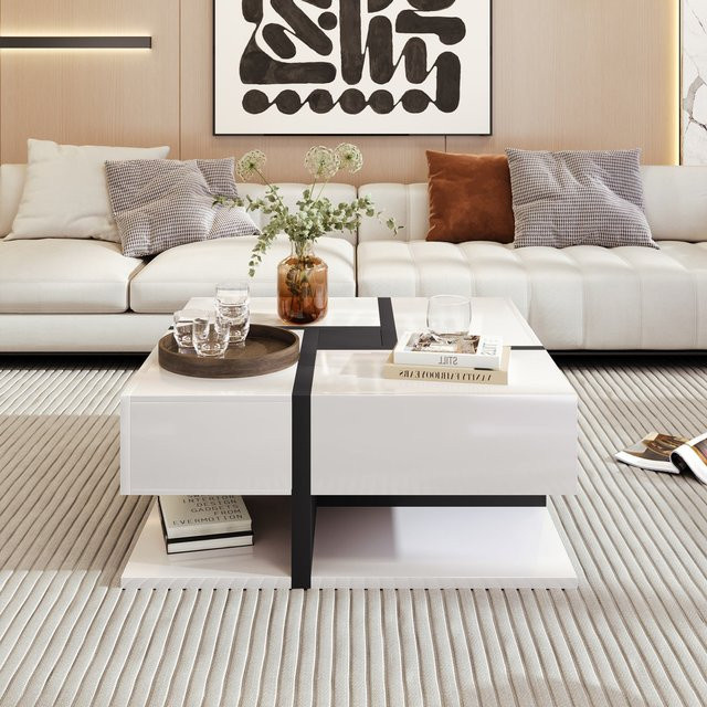 Aosom Couchtisch mit 4 Schubladen in Hochglanz-Design, Weiß und Schwarz, B/T/H: 78 x 78 x 36 cm - Bild 1