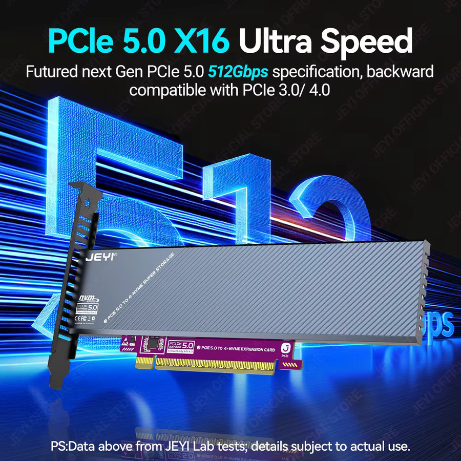 JEYI 4-Bay PCIe 5.0 x16 zu M.2 NVMe Erweiterungskarte mit 512Gbps RAID-Unterstützung und Aluminiumgehäuse - Bild 2