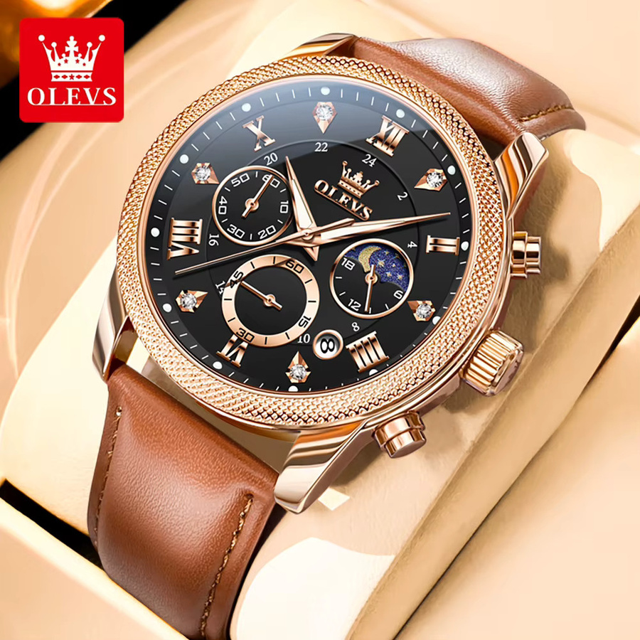 OLEVS Chronograph, Quarz, Edelstahl, Bicolor, Leder, Schwarz, Herren - Bild 2