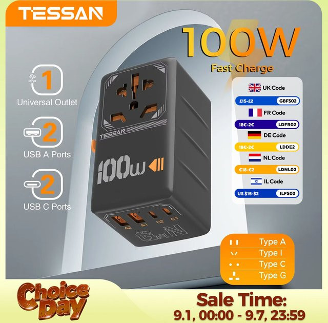 TESSAN 100 W GaN Universal-Reiseadapter mit USB und USB-C für schnelles Aufladen, internationaler Steckeradapter mit EU, UK, USA und AUS Anschlüssen - Bild 1