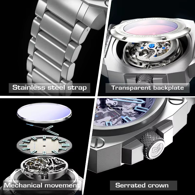 FeelNever Armbanduhr Automatik, Edelstahl, Blau, Leder, Herren - Bild 6