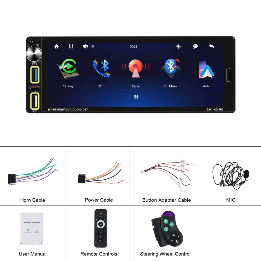 Camecho Wireless Carplay Android Auto 1 Din Autoradio mit 6,9 Zoll IPS Bildschirm, Bluetooth, MP5 Multimedia Player und Dual USB/Typ-C, Schwarz - Bild 5