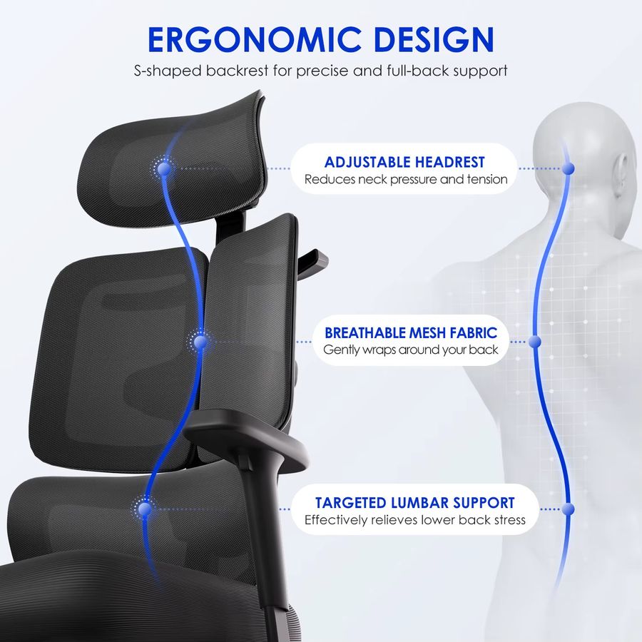 AUTHMIC Premium Ergonomischer Bürostuhl in Schwarz mit 6D-verstellbaren Armlehnen, 3D-Kopfstütze, 3-Zonen-Rückenlehne und 200 kg Tragkraft - Bild 3