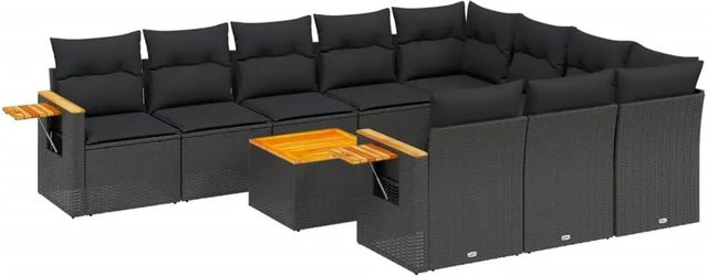 vidaXL 11-teilige Garten-Sofagarnitur in L-Form aus Polyrattan und Akazienholz mit Kissen in Schwarz - Bild 1