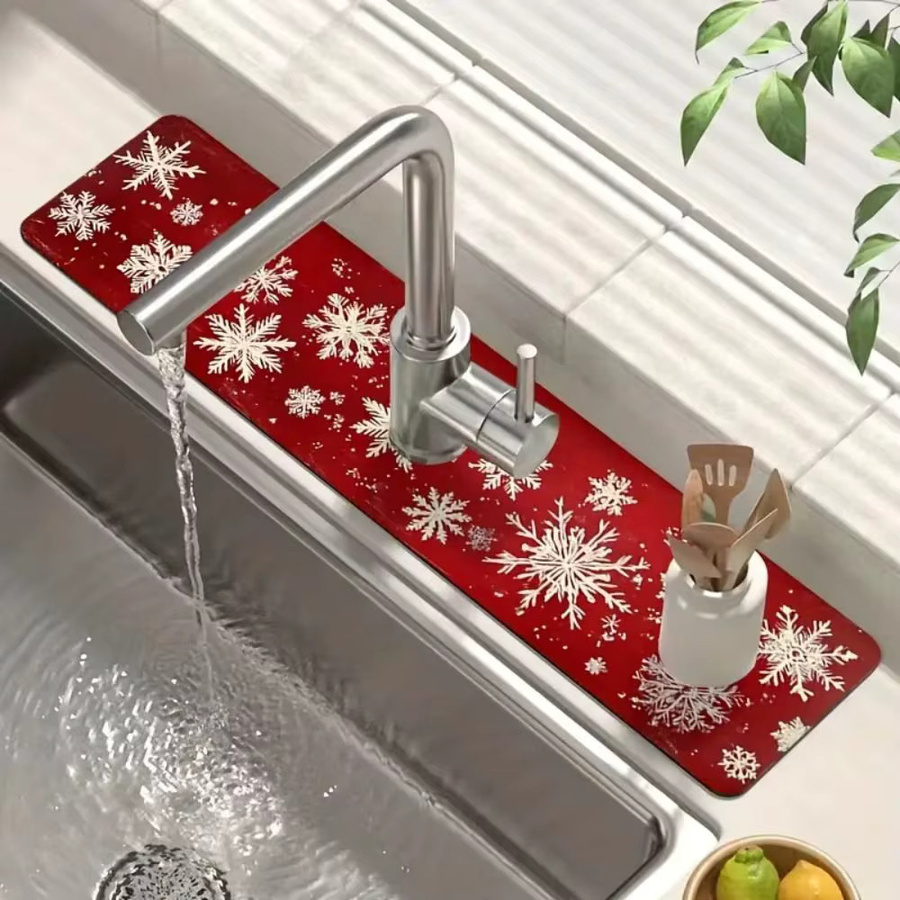 VIKAMA Weihnachts-Schneeflocken Waschbeckenmatte in Rot, wasserabsorbierende und schnell trocknende Küchenmatte zur Weihnachtsdekoration - Bild 2