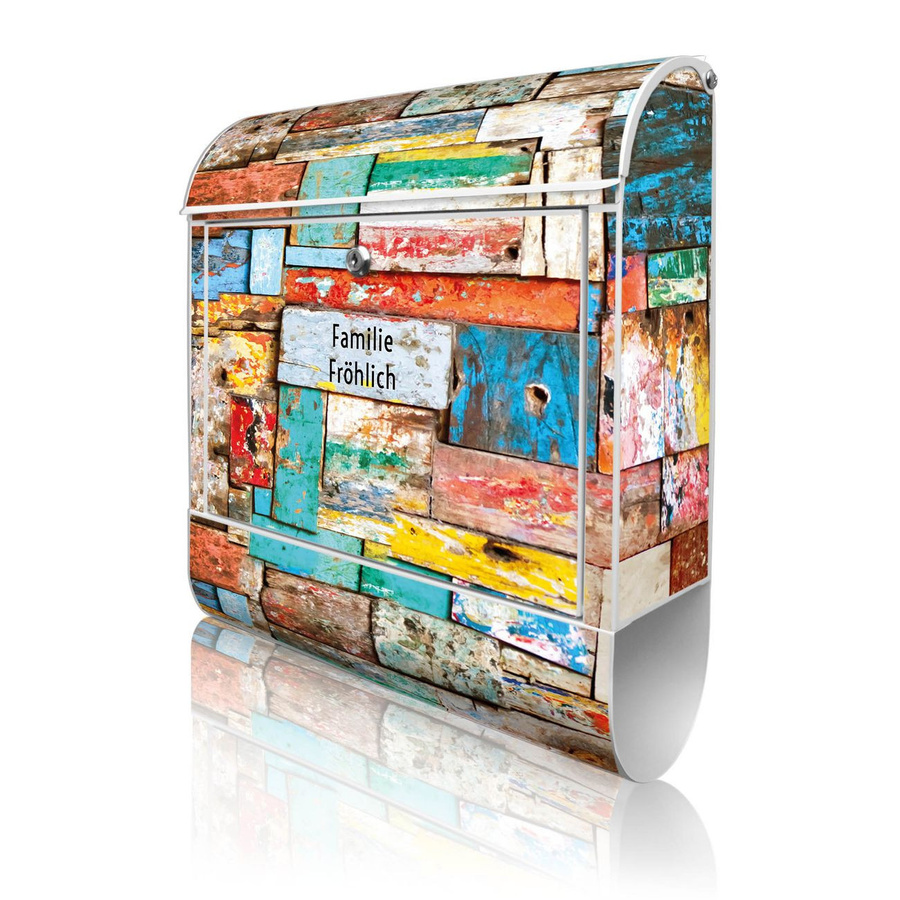 Banjado Briefkasten aus Stahl in Weiß mit Motiv Bunte Holzschindeln, pulverbeschichtet mit Zeitungsfach und A4 Einwurf, B/T/H: 38 x 13 x 47 cm - Bild 1