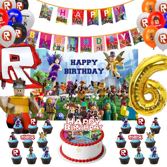 Roblox Geburtstag Dekoration Set mit Banner, Ballons und Kuchenaufsätzen in Mehrfarbig für Kinder und Babypartys - Bild 1
