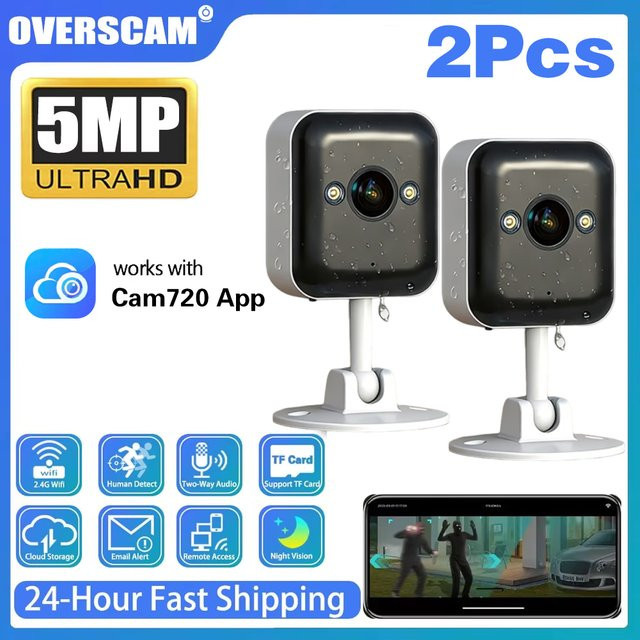 Cam720 Overscam Mini 5MP WLAN IP Kompaktkamera für Innenräume, kabellose Heimsicherheitskamera mit Farbnachtsicht und Menschenerkennung, Weiß - Bild 1