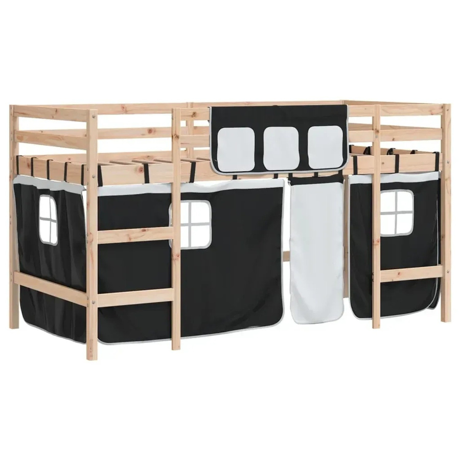 vidaXL Kinderhochbett aus Kiefernholz mit Vorhängen in Weiß und Schwarz, B/T/H: 90 x 190 x 113,5 cm - Bild 2