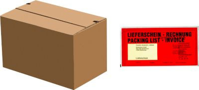 Debatin Versandkartons mit Automatikboden und Lieferscheintaschen Set, braun und rot, 50 Stück, B: 14,0 cm, T: 27,0 cm, H: 13,0 cm, inkl. 250 Lieferscheintaschen DIN lang aus PCR-Polyethylen - Bild 1