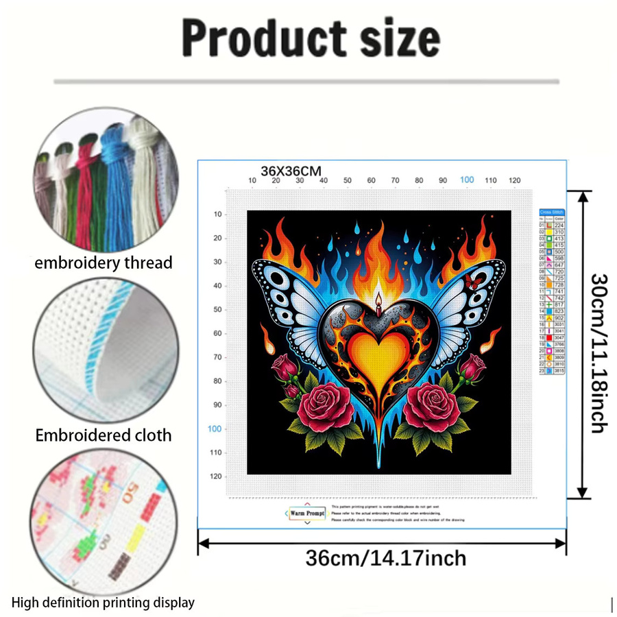 Rose & Flame Herz-Kreuzstich-Set mit floralem Motiv, 11CT-Stickerei in Multicolour, B/H: 36 x 36 cm - Bild 2