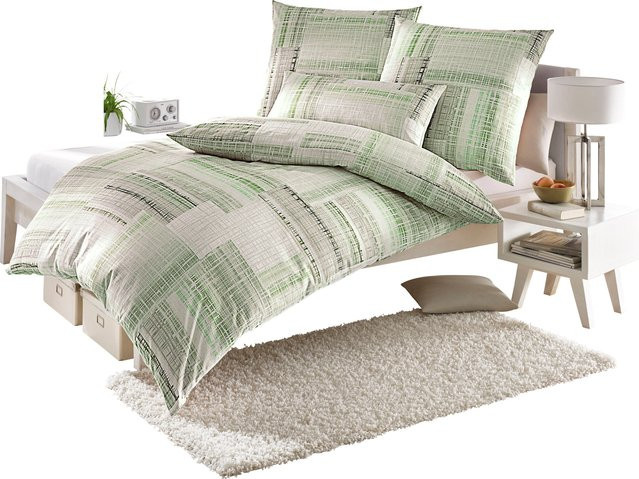 Biberna Bettwäsche Graphic Green aus 100% Baumwolle, bügelfrei, mit Reißverschluss, B/H: 135 x 200 cm und Kissenbezug B/H: 40 x 80 cm - Bild 1