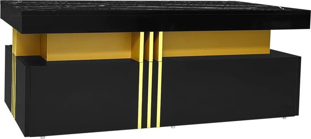 okwish Couchtisch Rechteckig mit Hochglanzplatte und 2 Holzschubladen in Schwarz und Gold, B/T/H: 100 x 50 x 44 cm - Bild 1