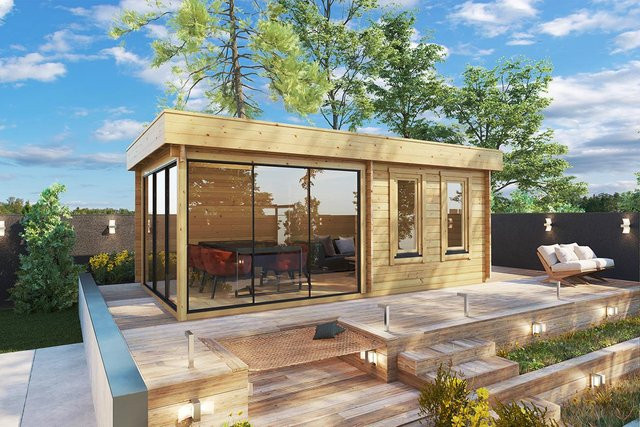 Modernes Gartenhaus Aurora mit Flachdach und Schiebetür aus Glas, B/T: 600 x 300 cm - Bild 1