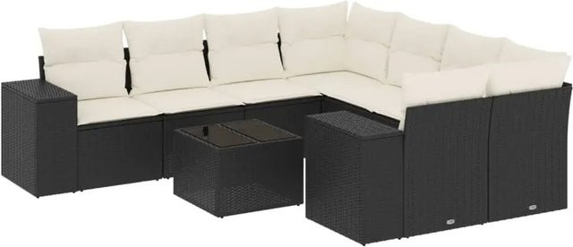 vidaXL 9-tlg. Garten-Sofagarnitur in L-Form aus Poly-Rattan mit Kissen in Schwarz-Creme - Bild 1