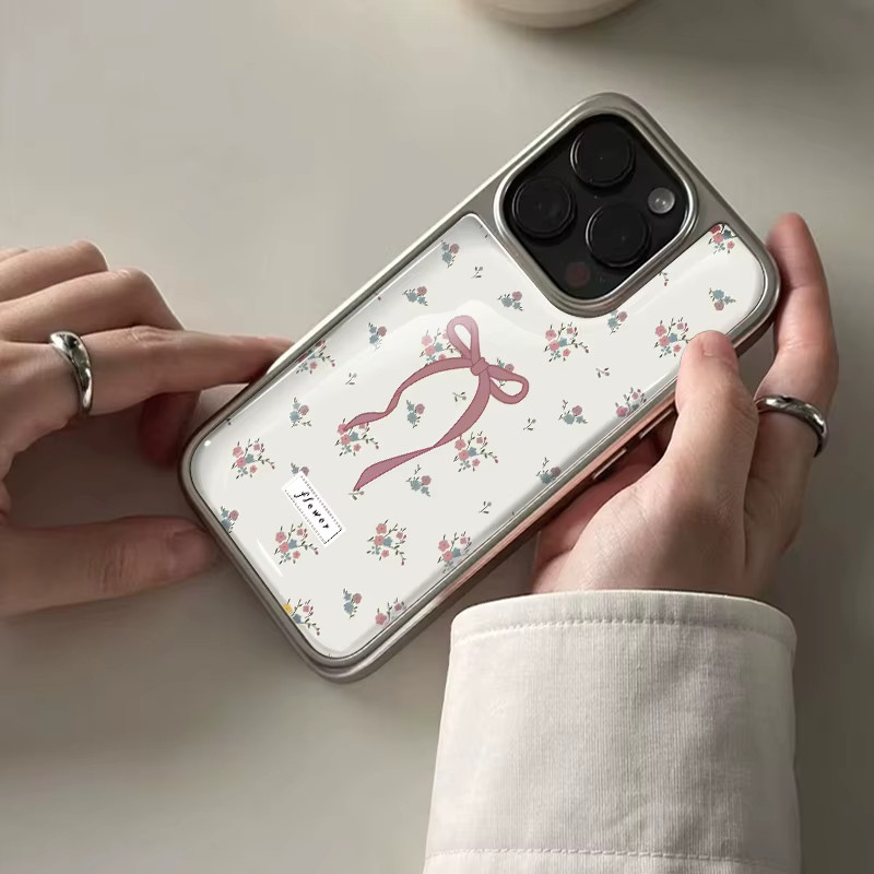 DecoPhone Stoßfeste Handyhülle mit rosa Blumendruck und silbernem Rand für iPhone 17, 16, 15, 14 Pro Max - Bild 4