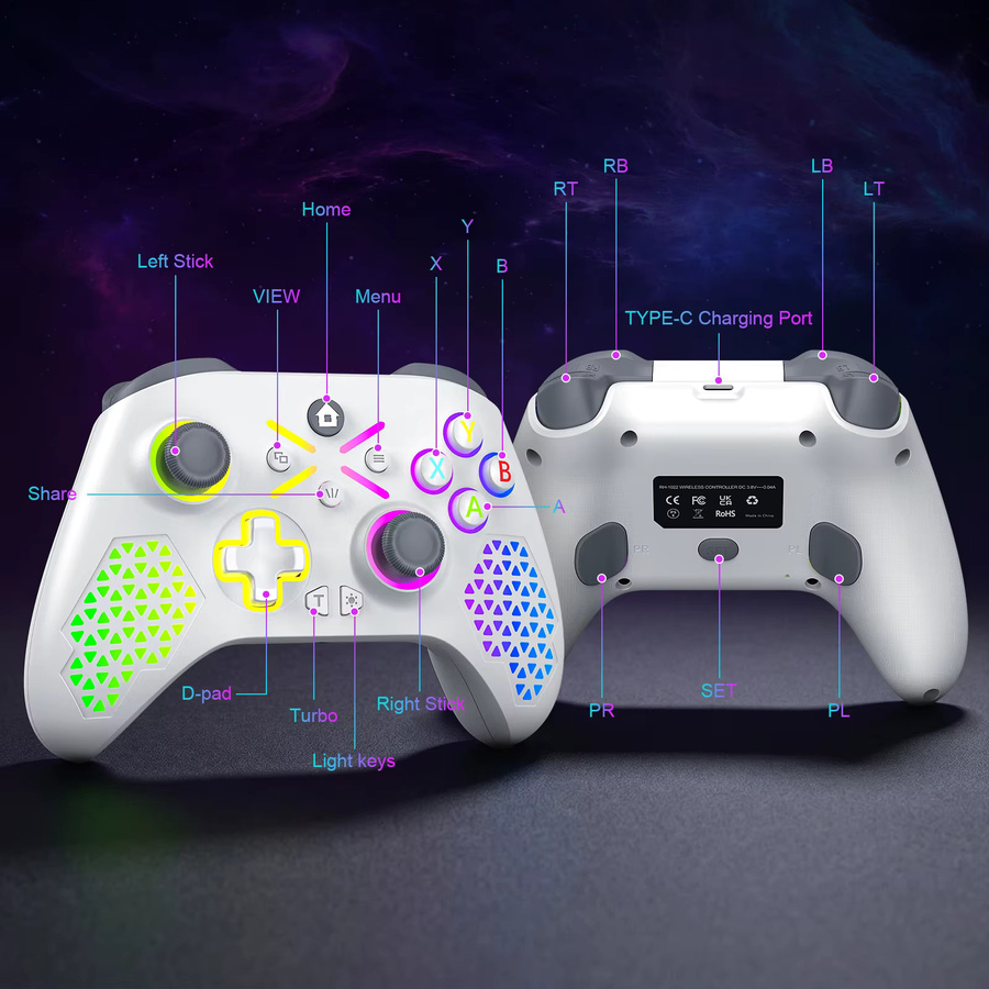 Turpow RGB Gamepad Controller für Xbox One und Xbox Series S/X, kabelloser Controller mit Dual Vibration und 6-Achsen-Gyroskop, Weiß - Bild 6