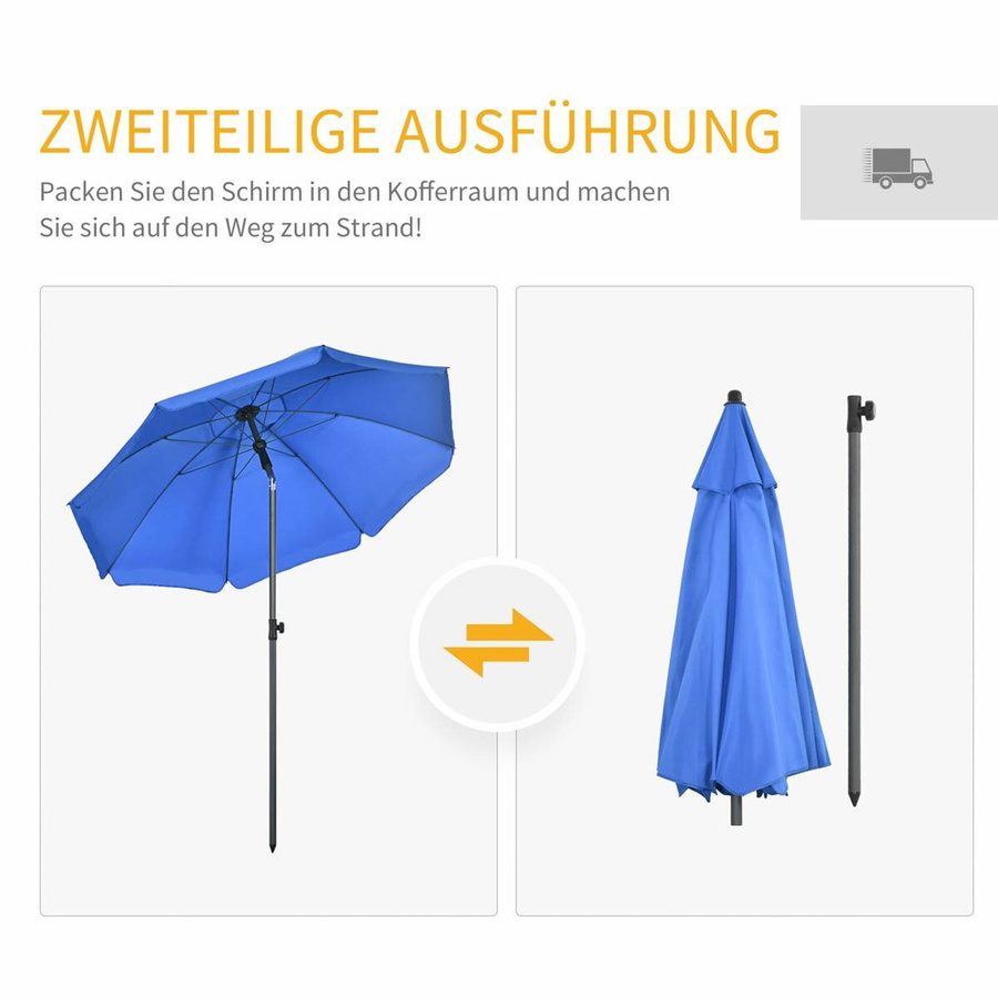 Outsunny Sonnenschirm aus Polyester in Blau mit Stahlgestell und UPF 50+ Schutz, B/H/T: 180 x 209 x 180 cm - Bild 2