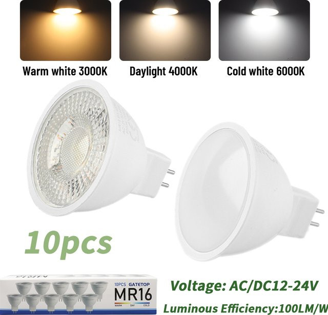 10 Stück MR16 LED-Strahler mit 3 W Leistung, GU5.3 Sockel, AC/DC 12–24 V Niederspannung, Farbe Weiß - Bild 1