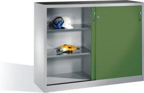 C+P Werkzeug-Beistellschrank mit Schiebetüren und 2 x 2 Böden, Front Resedagrün, Korpus Lichtgrau, H: 120 cm, B: 160 cm, T: 40 cm - Bild 1