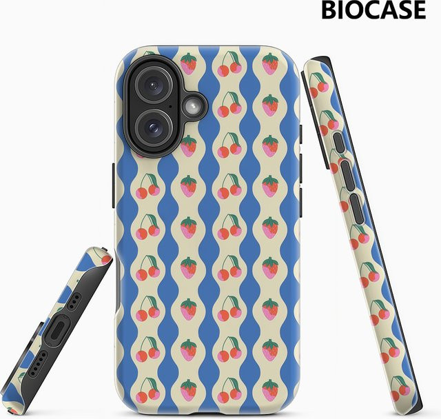 Handyhülle mit Erdbeeren und Kirschen Design in Blau für Apple iPhone 17 16 15 14 13 12 Pro Max Plus mit doppelschichtiger Rückseite - Bild 1