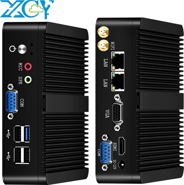 XCY Lüfterloser Mini-PC mit Intel Celeron J1900 Quad-Core 2,0 GHz, 256 GB, 8 GB RAM, Schwarz, 2x RS232, 2x LAN, Wi-Fi, Windows 10 Linux Embedded IoT Industriecomputer - Bild 1