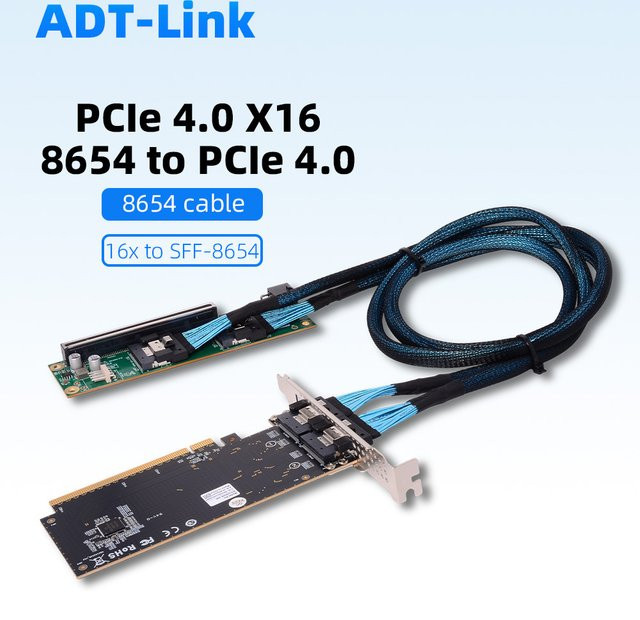ADT-Link PCIe 4.0 5.0 X16 zu Slim SAS SFF-8654 Riser MCIO Split-Karte für Grafikkarte und GPU als externer Erweiterungsadapter - Bild 1