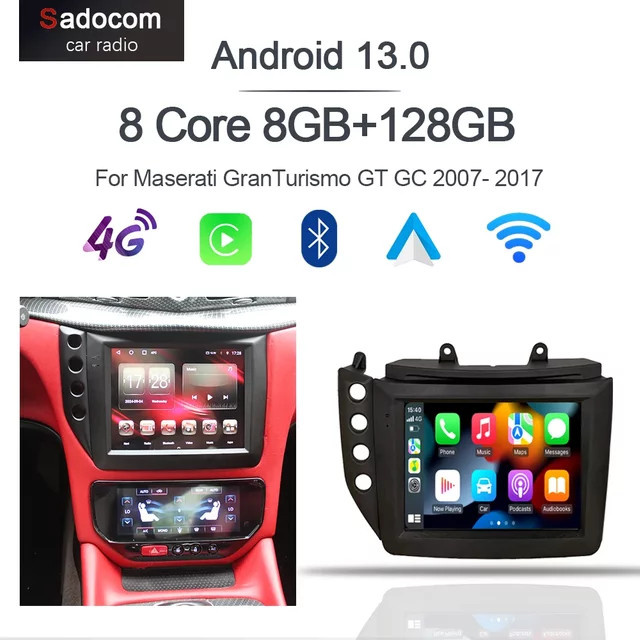 Sadocom Android 13 Carplay Autoradio mit 10,4 Zoll IPS Display, 6GB RAM + 128GB Speicher, GPS, WIFI und Radio für Maserati GranTurismo GT GC 2007-2017, Schwarz - Bild 1