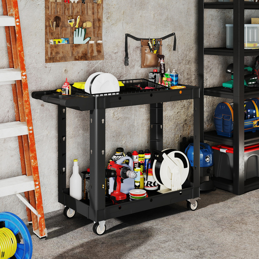 HOMCOM Werkstatt-Rollwagen mit 2 Etagen in Schwarz, B/H/T: 43,5 x 84,5 x 102,6 cm, belastbar bis 227 kg - Bild 2