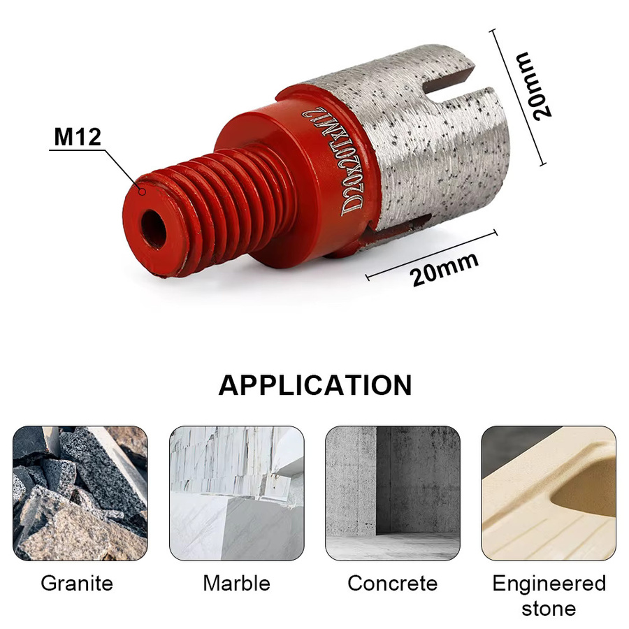 PANFREET Diamantbohrer M12 für Steinplatten, Granit, Marmor und Quarz, Fräser mit 20 mm Durchmesser, Farbe: Rot - Bild 3