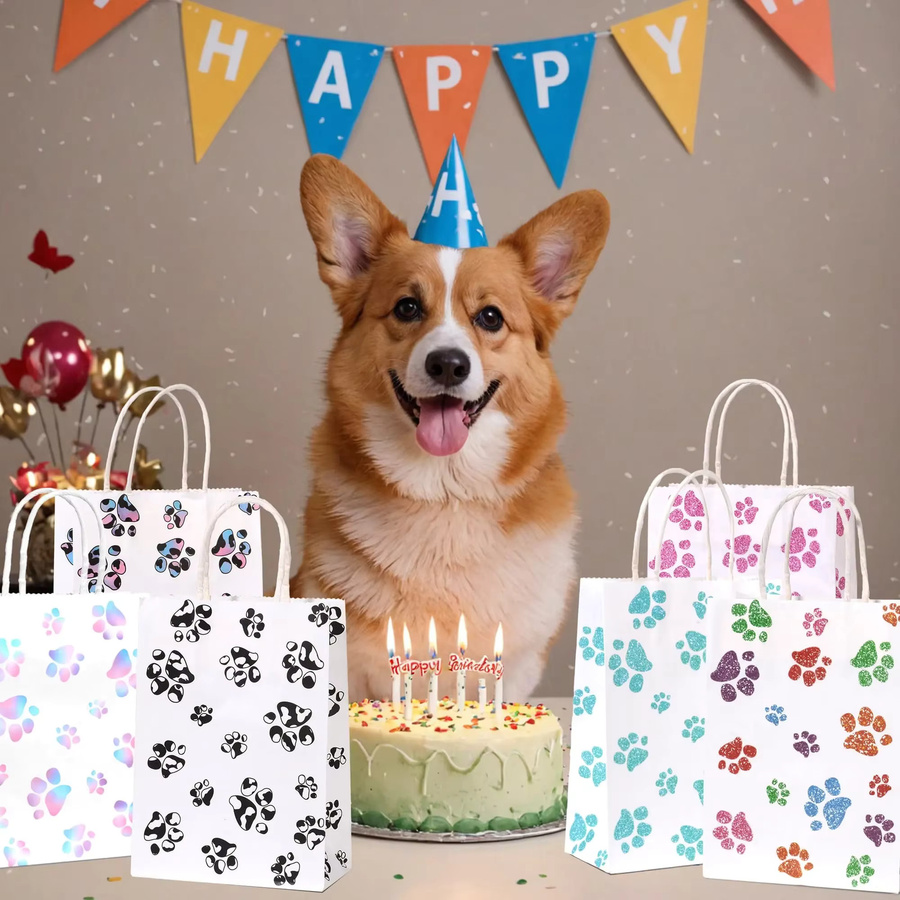 Trebalena Umweltfreundliche Kraftpapier Geschenktüte mit Tier Pfotenabdruck Cartoon Design in Weiß - Bild 2