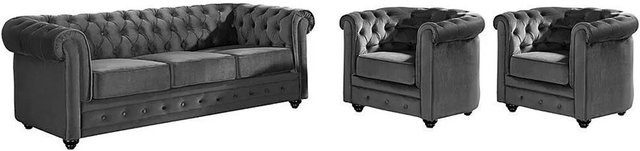 Vente-unique Chesterfield Couchgarnitur aus Samt in Anthrazitgrau bestehend aus 3-Sitzer-Sofa, 2-Sitzer-Sofa und Sessel mit Breite: 205 cm, Tiefe: 82 cm - Bild 1