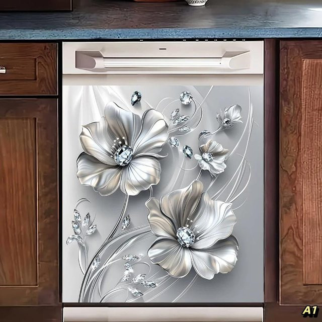 Selbstklebender floraler Strass-Aufkleber in Silber für Kühlschrank und Geschirrspüler, wasserdichtes DIY-Dekorationszubehör - Bild 1