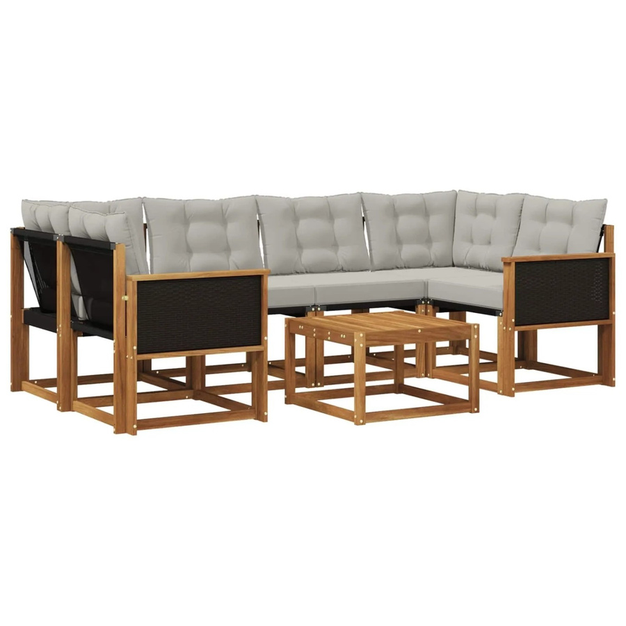 vidaXL Outdoor-Sofagarnitur L-Form aus Akazienholz mit Textilene und Kissen, Grau/Natur, 7-teilig - Bild 2