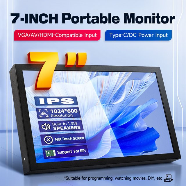 Caturda 7 Zoll IPS Tragbares Display in Schwarz mit 1024x600 Auflösung, HDMI und USB-C Anschluss für PC, Laptop und Kamera - Bild 1