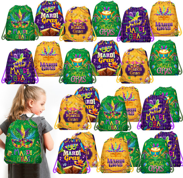10 Stück Mardi Gras Vlies-Geschenkbeutel mit Maskenmuster und Kordelzug in Multicolour als Partyzubehör und Aufbewahrungsbeutel - Bild 1