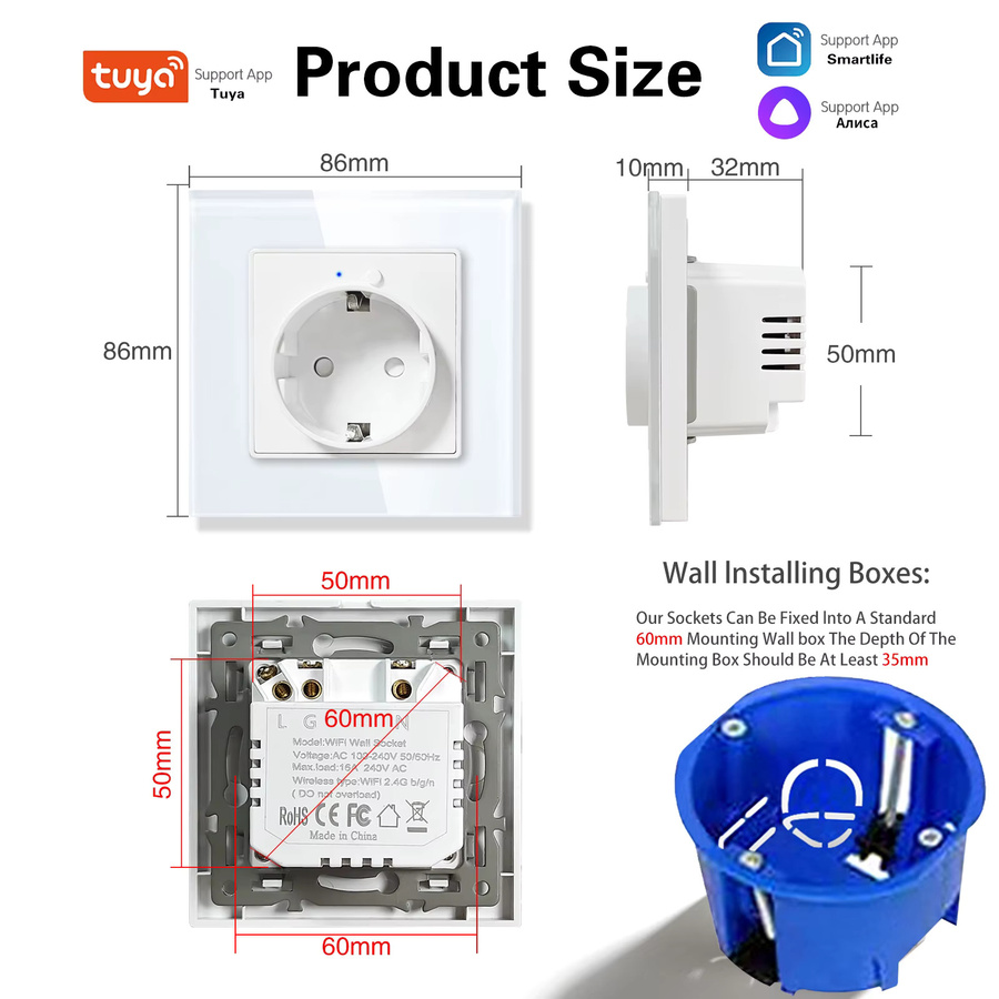 UBARO WLAN Smart Wandsteckdose mit Energiemonitor, Tuya App-Steuerung und Sprachsteuerung für Alexa und Google, 16A 3680W, Weiß, B/H: 8,6 x 8,6 cm - Bild 2