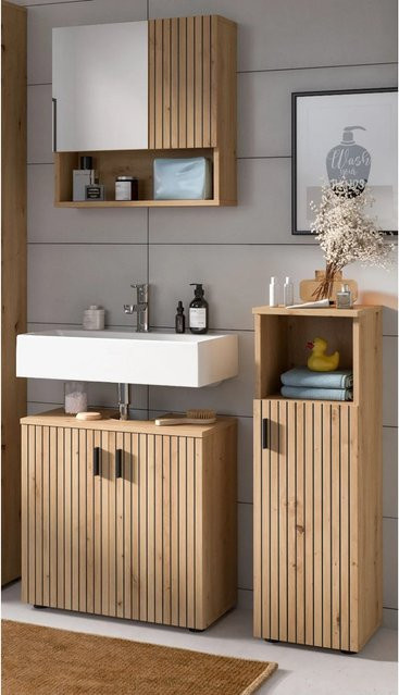 Inn.Furn Badmöbel Set Livia in Eiche, 3-teilig bestehend aus Spiegelschrank, Waschbeckenunterschrank und Kommode, Farbe Braun, Breite: 105 cm - Bild 1