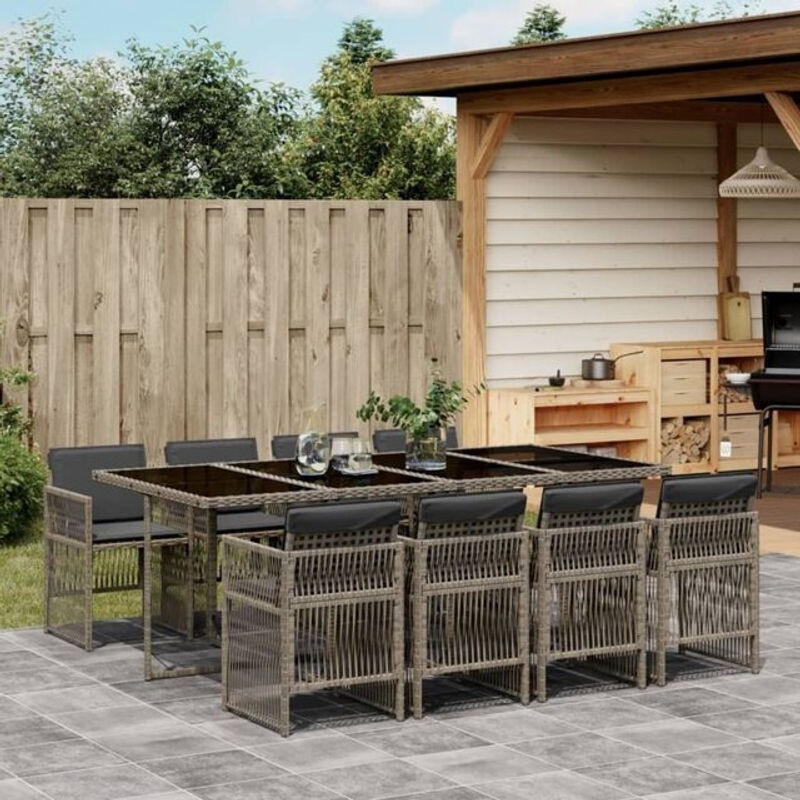 9-tlg. Gartenmöbel-Set aus Polyrattan mit Kissen und Glas, Grau, vidaxl - Bild 1