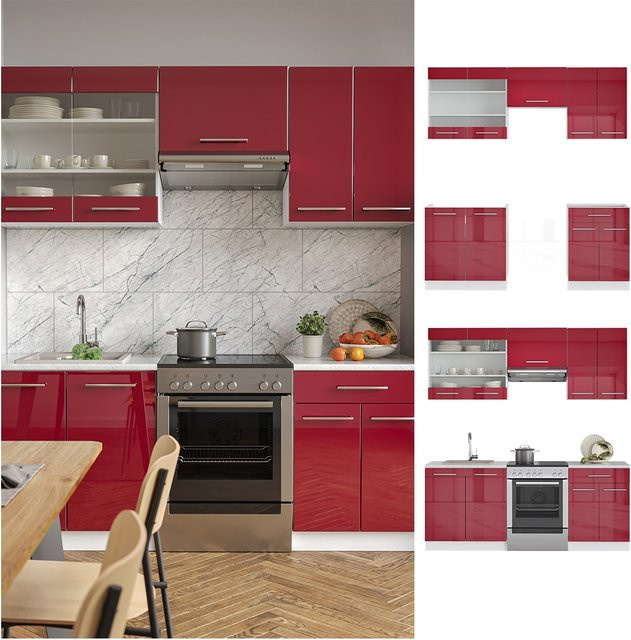 Vicco Küchenzeile Fame-Line Einbauküche in Bordeaux Rot mit Hochglanz Fronten und Soft-Close-Türen, Breite: 200 cm - Bild 1