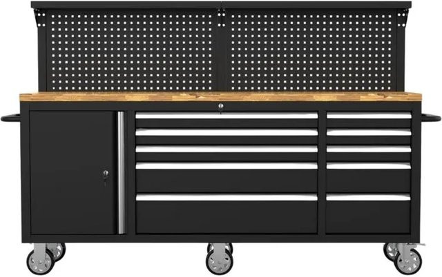 Galaflor Mobile Werkbank mit Lochwand und Arbeitsplatte aus Holz in Schwarz, Breite: 214 cm - Bild 1