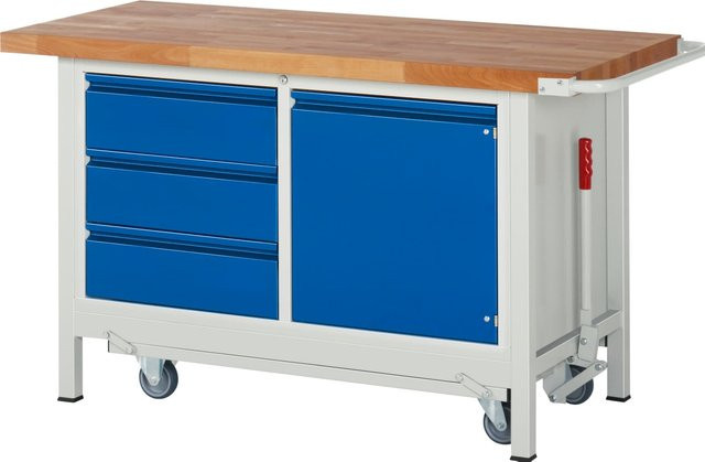 Rau Werkbank Modell 8468-2 mit absenkbarem Fahrgestell in Blau aus Holz und Stahl - Bild 1