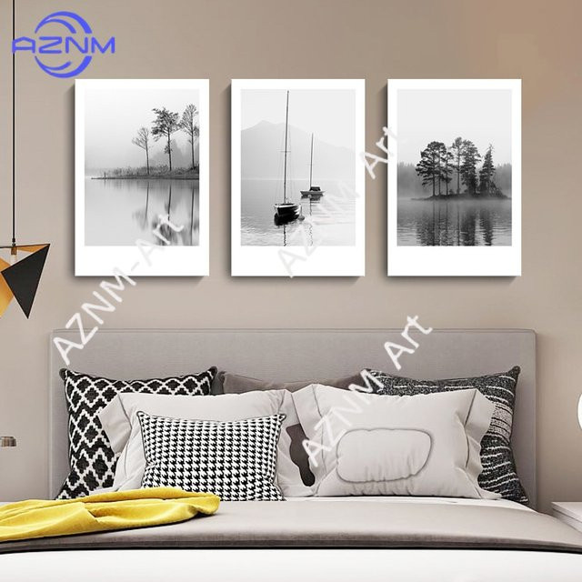 AZNM Leinwanddekoration Set mit Naturmotiven See, Boot und Wald in Schwarz-Weiß für deine Wandgestaltung - Bild 1