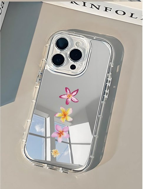 Elegante Blumen Spiegel Handyhülle mit Linsenring für iPhone 11 bis iPhone 17 Pro Max Plus und Air - Bild 1