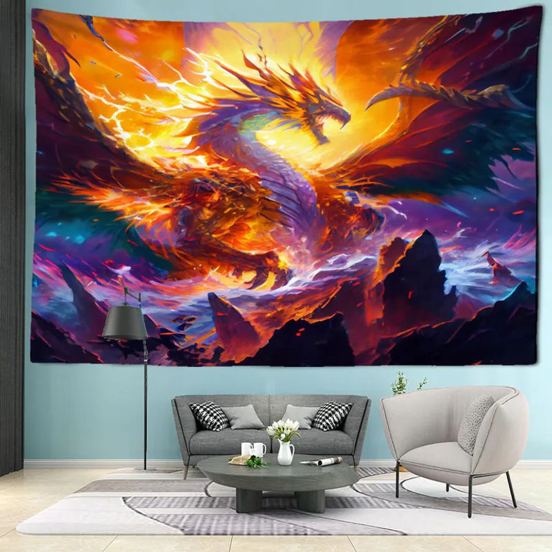 Peak Fire Dragon Wandteppich mit abstraktem Tier-Motiv in mehrfarbig, Bohemian-Stil, B: 230 cm, H: 180 cm - Bild 3