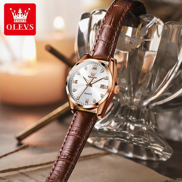 OLEVS Armbanduhr, Quarz, Leder, Diamant, Roségold, Damen - Bild 1