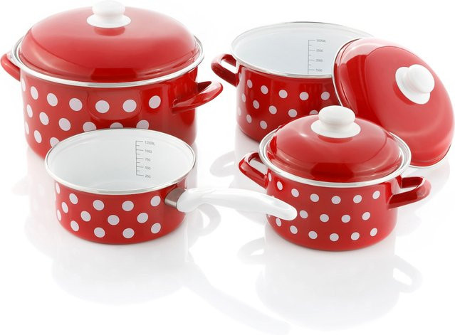 GSW Kochtopf-Set Emaille Pünktchen 7-teilig in Rot-Weiß aus Emaille-Stahl mit Deckeln - Bild 1