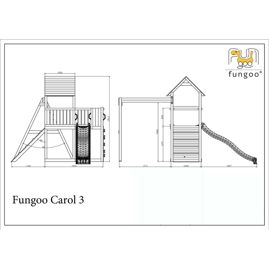 Fungoo Spielturm Carol 3 Klettergerüst in Grau/Weiß mit Rutsche, Schaukel, Kletterwand, Rampe und Holzdach - Bild 3