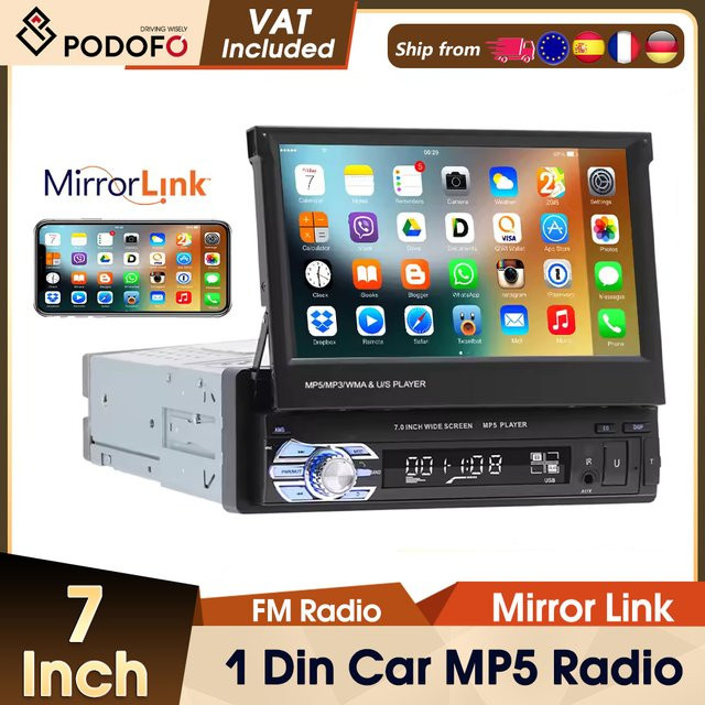 Podofo 1DIN Autoradio mit 7 Zoll ausfahrbarem Touchscreen, Bluetooth, USB und AUX in Schwarz - Bild 1