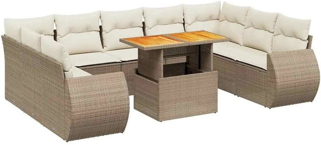 vidaXL 10-tlg. Garten-Sofagarnitur in L-Form aus Poly-Rattan und Akazienholz mit Kissen in Beige/Cremeweiß - Bild 1